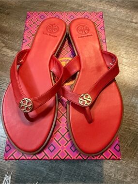 Tory Burch Red Leather Logo Thong Sandals with Gold Medallions